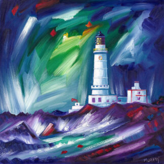 An expressionistic painting of a lighthouse with contrasting colors and dynamic brush strokes against a swirling sky. By Raymond Murray